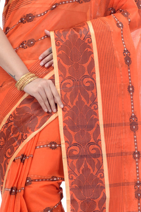 Orange Pure Cotton Charulata_Desiging Tant Saree (741)